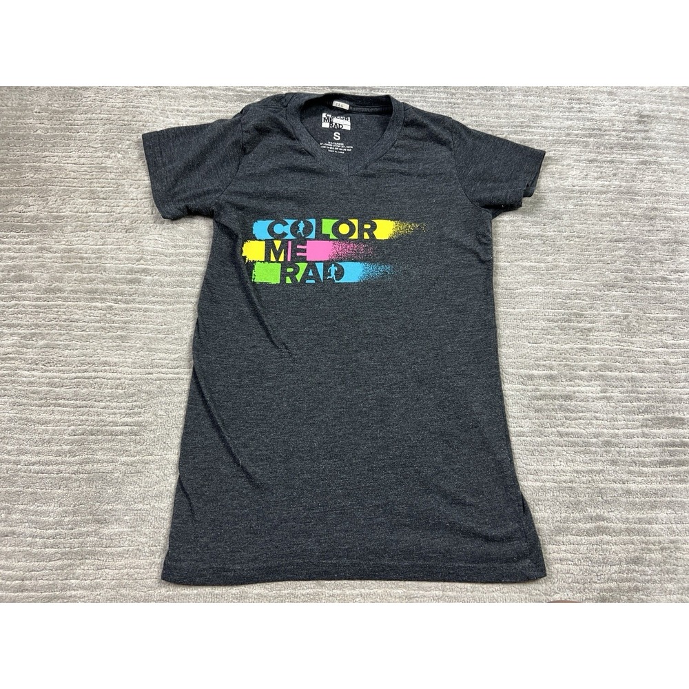 Color Me Rad Top Womens Small Gray Graphic Print Running V-Neck‎ Polyester Blend